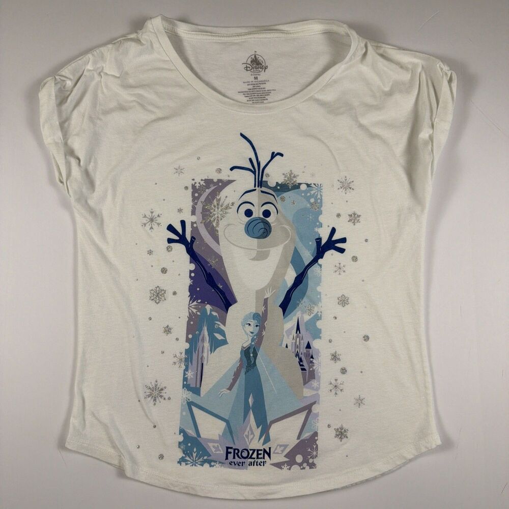 Disney Parks Frozen Ever After Olaf & Elsa Glitter Snowflake T-Shirt Women’s Med